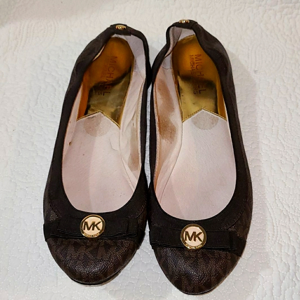 Brown MK flats small fold logo pattern with bow - Picture 1 of 11